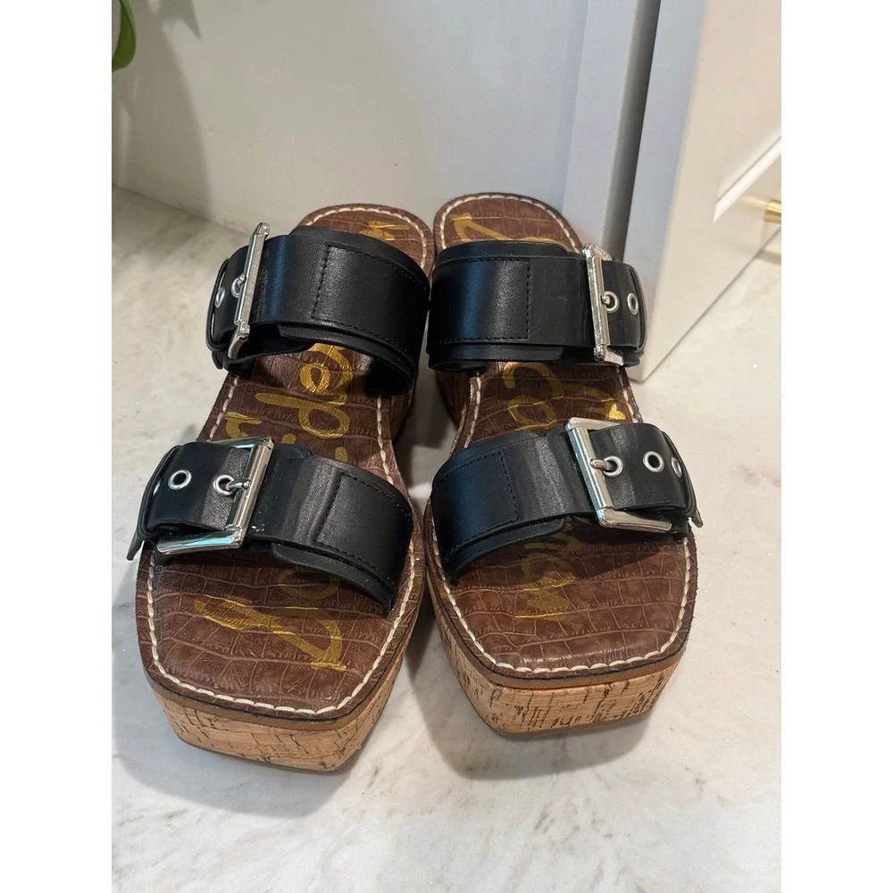 Sam Edelman Anna Platform Sandals Size 7 Black Buckle Leather Chunky Cork Wedge